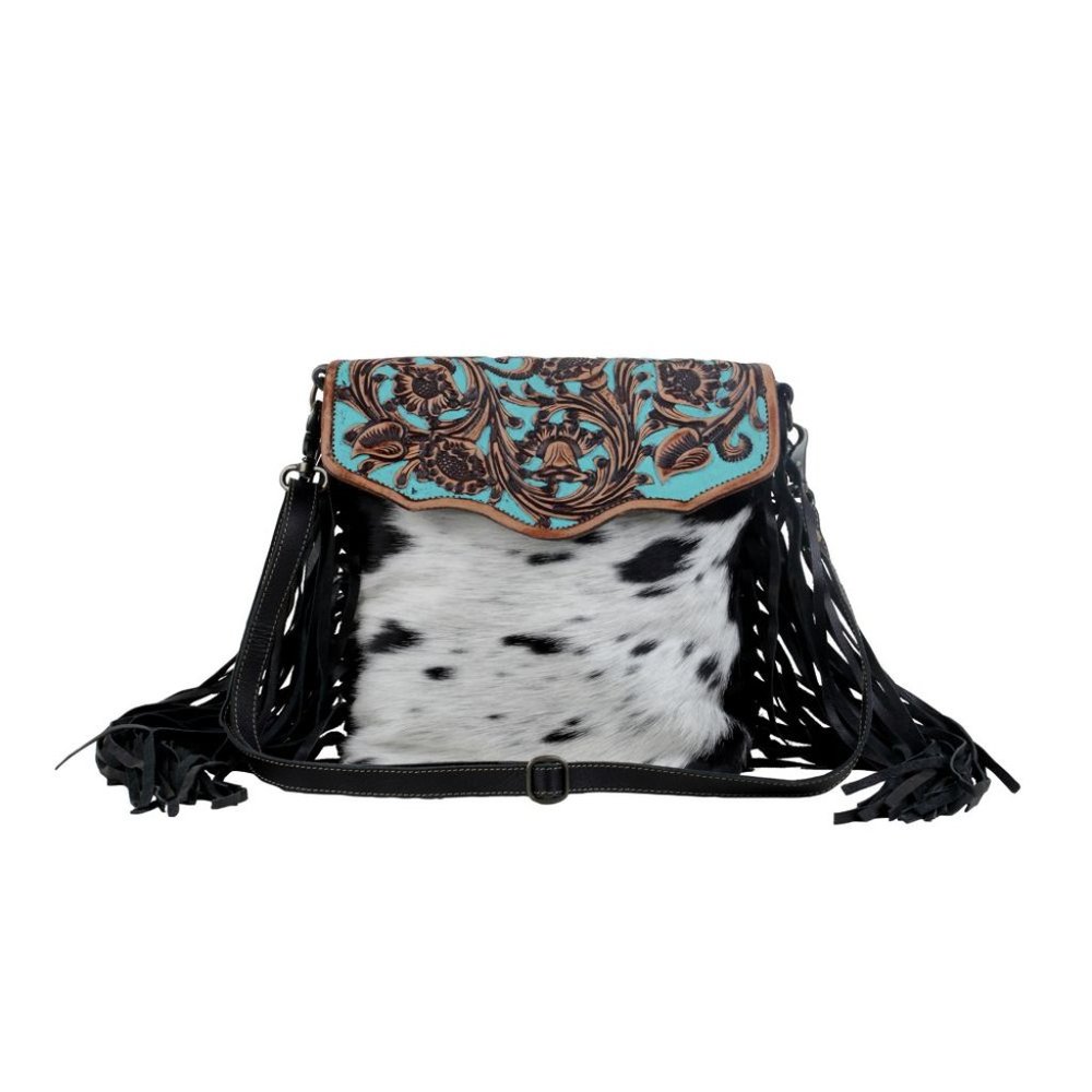 Aqua Hand-Tooled Leather Shoulder Bag-Leather Crossbody by Myra Bag